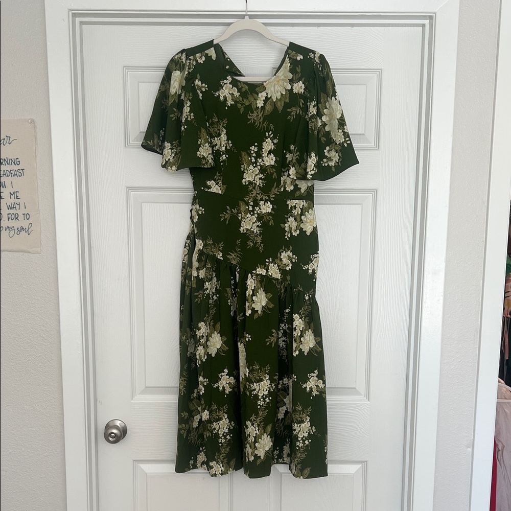 Floral V-Neck Midi Dress in Olive Green